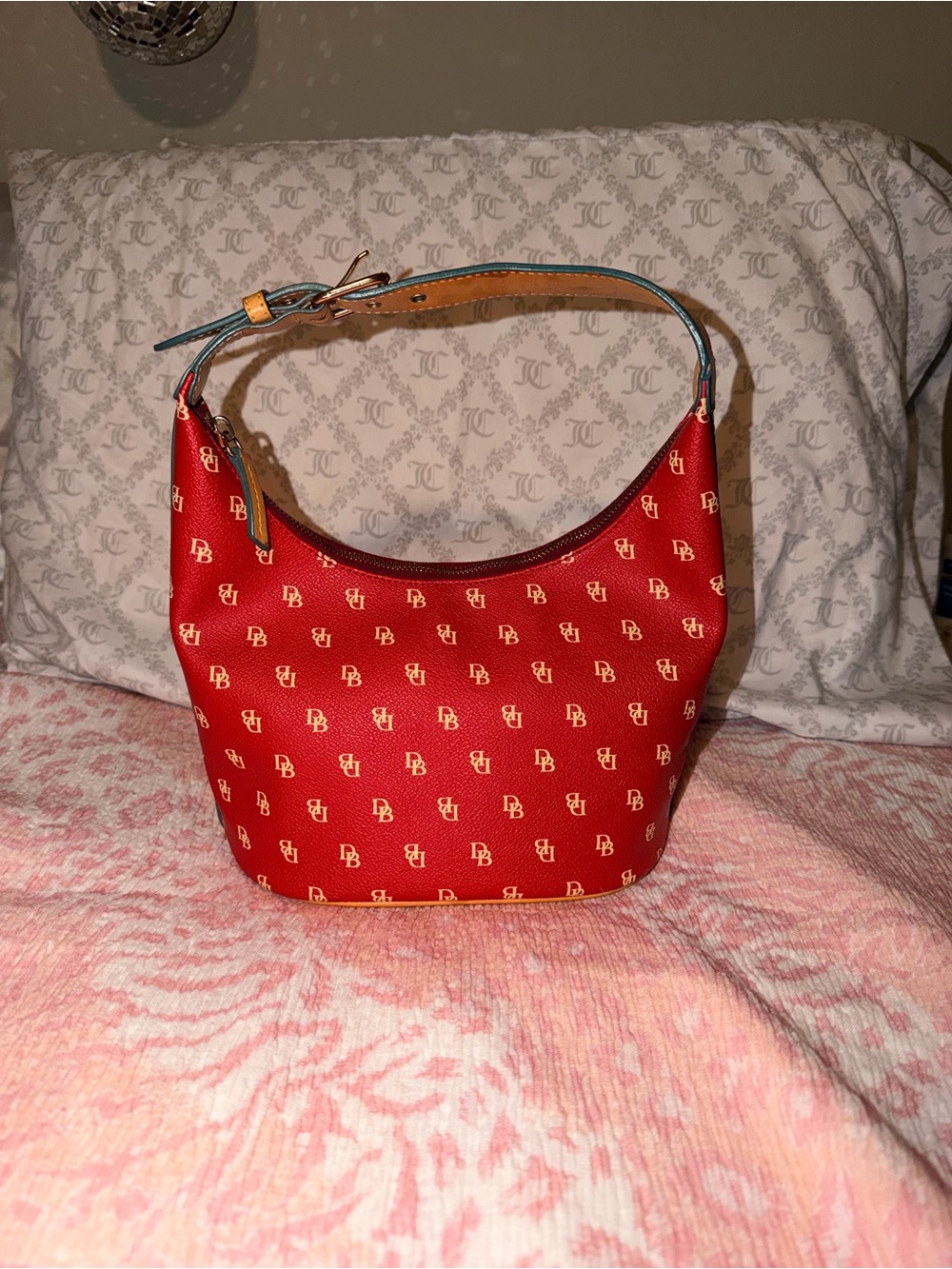 Dooney & Bourke Red Logo Shoulder Hobo with Tan Trim